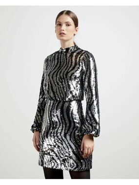 Ted Baker LOUU Black Silver Zebra Long Sleeve Sequin Mini Dress Size 1 (US 4)